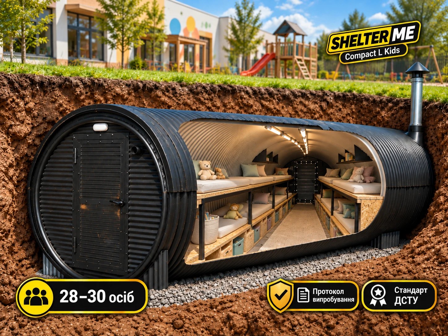 Модульне укриття для дитячого садка зі спальними місцями SHELTER ME Compact L Kids, Ø2 м × 8 м