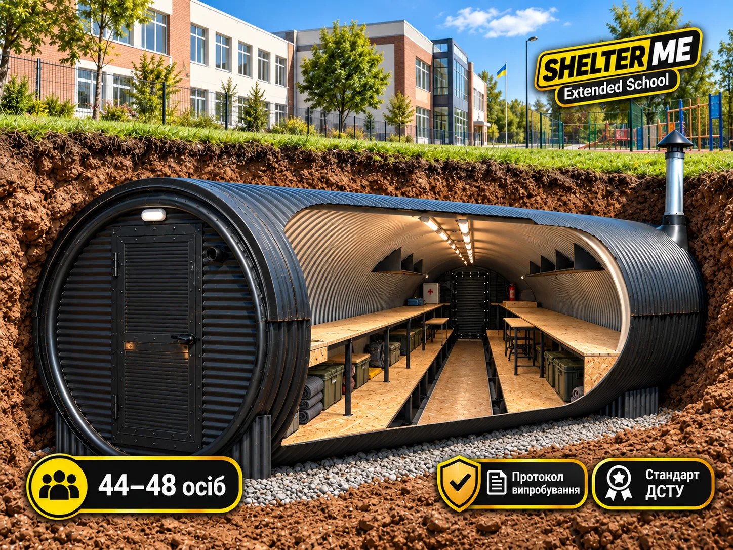 Модульне укриття для школи на 44–48 учнів SHELTER ME Extended School, Ø3 м × 12 м