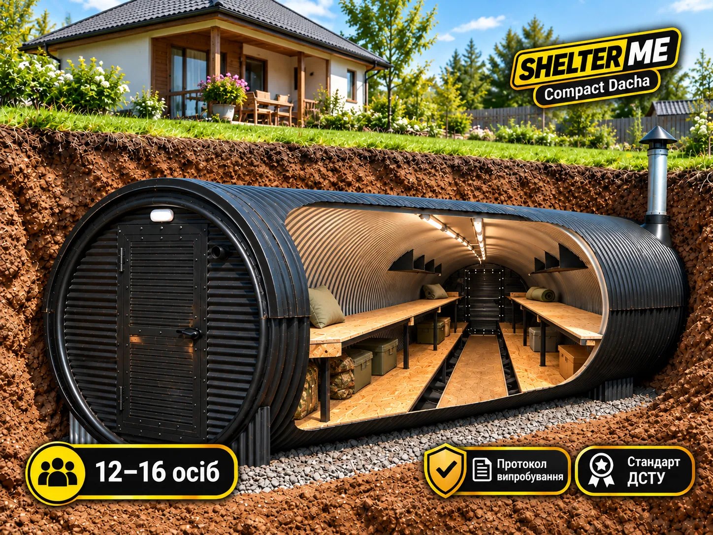 Компактне укриття для дачі та приватного будинку SHELTER ME Compact Dacha, 12–16 осіб, Ø2 м × 4–5 м