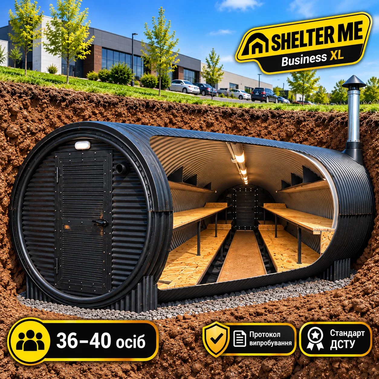 Модульне підземне укриття-бомбосховище SHELTER ME Business XL на 36–40 осіб, Ø3 м × 10 м